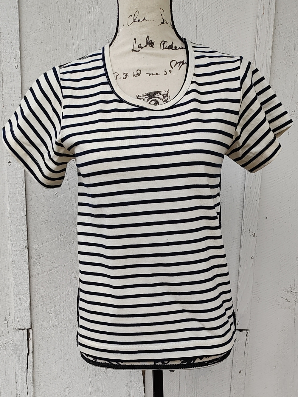 Sea New York Cream and Navy Striped Black Lace Back Short Sleeve Tee, Size XS